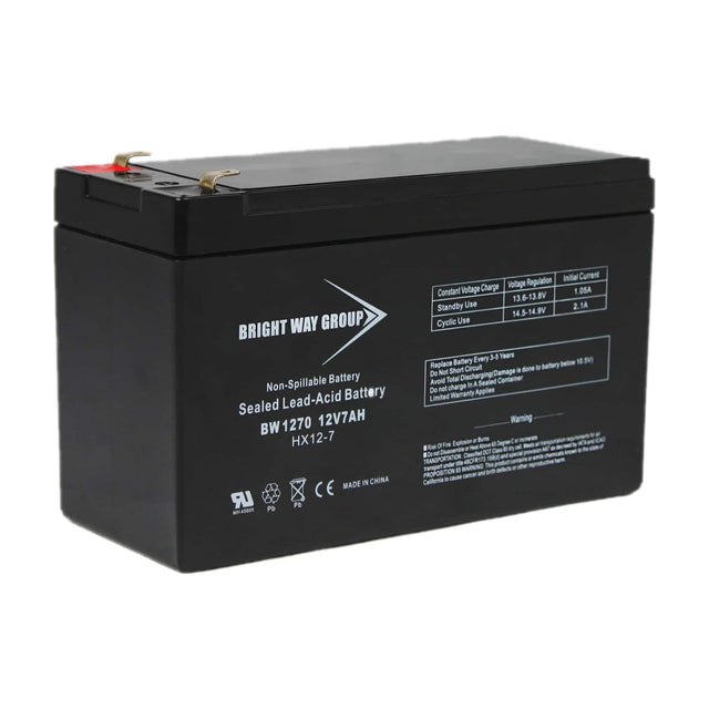 BRIGHT WAY GROUP  
Non-Spillable Battery  
Sealed Lead-Acid Battery  
BW1270 12V7AH  
HX12-7  
MADE IN CHINA  

Constant Voltage Charge  
Standby Use: 13.6-13.8V  
Cyclic Use: 14.5-14.9V  
Initial Current: 1.05A (Standby Use), 2.1A (Cyclic Use)  

Replace Battery Every 3-4 Years  
Do Not Short Circuit  
Avoid Total Discharge  
Do Not Charge in a Sealed Container  
Limited Warranty Applies  

Warning:  
Risk of Fire or Explosion.  
Do not dispose of in a fire.  
Do not dispose of in a sealed container.  
Do 