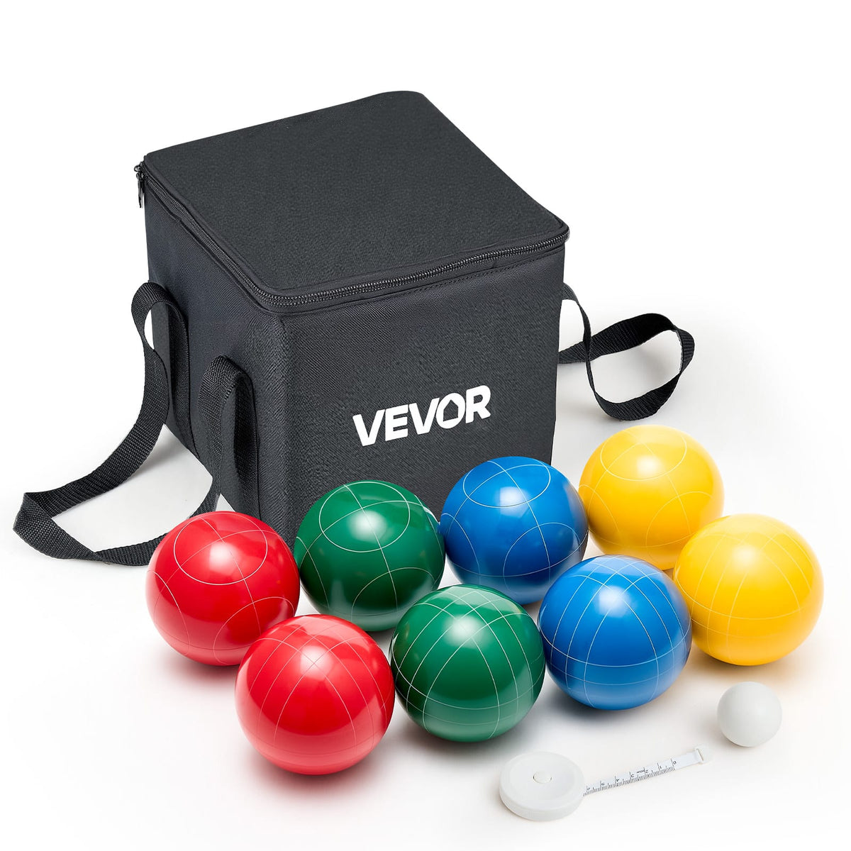 VEVOR - Bocce Ball Set, 107 mm, with 8 Resin Balls, Pallino, Carrying Bag and Measuring Rope, Red/Green/Blue/Yellow 4 Colors - Red, Green, Blue, Yellow