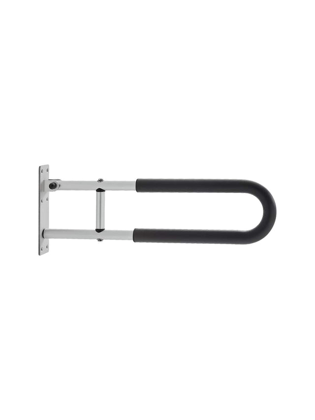 Front. VEVOR - Toilet Safety Rail, 23.8 Inch U-Shaped Handicap Grab Bar, Foldable Senior Safety Pole, Flip Up Toilet Grab Bar - Matte Silver.