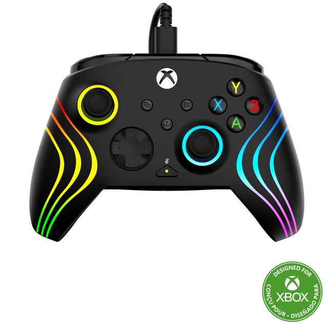Designed for Xbox, this controller features a colorful design with yellow, blue, and green stripes on the buttons. The controller is compatible with Xbox One and has a built-in headset jack for an immersive gaming experience.