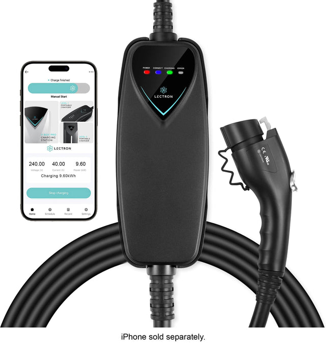 - Charge finished  
Manual Start  
LECTRON  
PORTABLE CHARGING STATION  

240.00  
40.00  
9.60  

Voltage (V)  
Current (A)  
Power (W)  

9.60kWh  

CE  

Step charging  
none  

Schedule  
Settings  

iPhone sold separately.