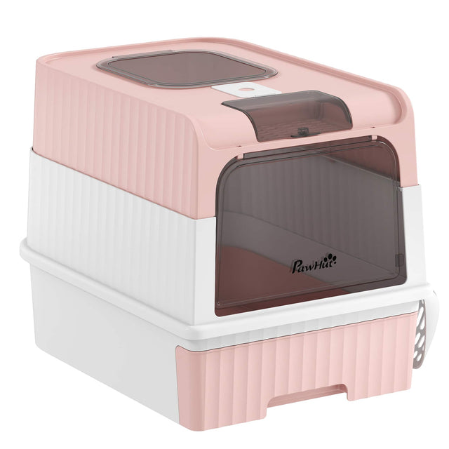 Front. Pawhut - Litter Box Hooded Cat Litter Tray with Drawer Pan Front Entry & Top Exit Easy Cleaning - Pink.