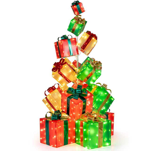 Front. Costway - Costway 5.6 FT Pre-Lit Gift Box Tower with Bowknot & 483 LED Light Bulbs, Ground Stakes - Multicolor.