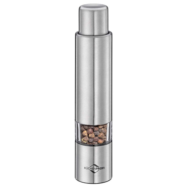 Front. Kuchenprofi - Pepper Push Mill Grinder, Stainless & Acrylic - Silver.
