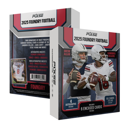 PULSE 2025 FOUNDRY FOOTBALL

FIND SIGNATURES OF DRAFT PROSPECTS, CURRENT FOOTBALL STARS & LEGENDS OF THE LANORRIS SELLERS, SAM LEAVITT, JORDY STEVE YOUNG AND MORE!

AUTOGRAPHED INSERTS
FOUNDRY SIGNATURES
COBALT - IGNITE - ENGRAVED
NON AUTOGRAPHED INSERTS
BASE - UNDER PRESSURE
FORGED IN FIRE - FOUNDATION
TITANIUM - UNBREAKABLE

4 AUTOGRAPHS PER BOX
6 ENCASED CARDS PER BOX

ALL CARDS #D/40 OR LESS!

PULSETRADINGCARD.COM

PULSE 2025 FOUNDRY FOOTBALL

DREW ALLAR
LANORRIS SELLERS

All cards intended for adult co