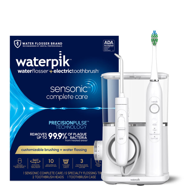 1. WATER FLOSSER BRAND ADA RECOMMENDED .. DENTAL PROFESSIONALS Accepted  
   - waterpik waterflosser + electrictoothbrush TM sensonic complete care  
   - PRECISIONPULSE TECHNOLOGY REMOVES UP TO 99.9% BACTERIA from treated areas  
   - customizable brushing + water flossing  
   - OFF Mode  
   - Clean Stain Removal Gum Care  
   - 360°  
   - 10 SAFE & EFFECTIVE PRESSURE SETTINGS  
   - 90 SECONDS TIMER  
   - 3 TOOTHBRUSH HEADS  
   - 1 TOOTHBRUSH CASE  

2. ADA Accepted  
   - American Dental Association