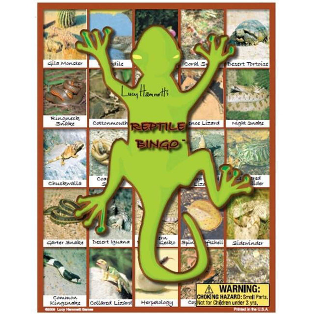 Gila Monster, Coral Snake, Desert Tortoise, Ringneck Snake, Cottonmouth, Desert Lizard, Night Snake, Chuckwalla, Garter Snake, Desert Iguana, Gecko, Spiny Lizard, Sidewinder, Common Kingsnake, Collared Lizard, Herpetology. Lucy Hammett's Reptile Bingo. WARNING: CHOKING HAZARD: Small Parts. Not for Children under 3 yrs. U.S.A