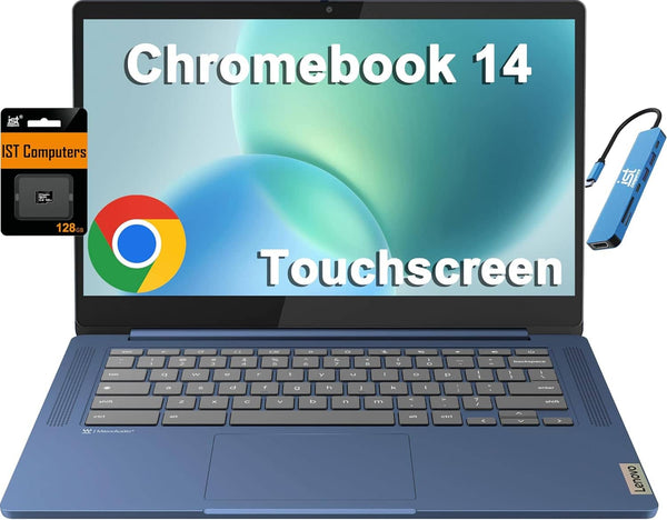 Lenovo - IdeaPad Slim 3 Chromebook Laptop - 14" Full HD Touchscreen Laptop - MediaTek Kompanio 520 - 4GB RAM - 64GB eMMC+128GB SD - 128GB SD Card - Abyss Blue