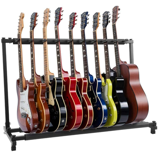 Front. Pyle - Pyle 9-Space Foldable Multi-Guitar Stand, Universal Rack for Acoustic, Electric & Bass Guitars with Foam Padding.
