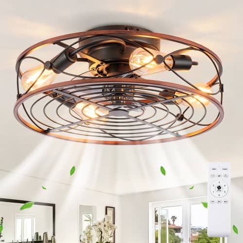 Front. LUCKY ONE - 20" Caged Ceiling Fan with Light Remote 6-Speed DC Motor Timer - Matte Black,Wood.
