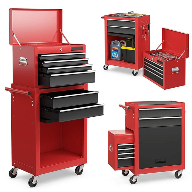 Front. Costway - Costway 2 in 1 Rolling Cabinet Storage Chest Box Garage Toolbox Organizer with 6 Drawers - Black/Red.