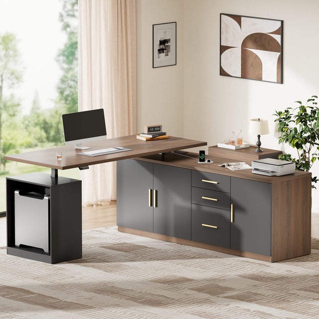 Front. ModernMate - L-Shaped Electric Standing Desk with Drawers & File Cabinet, Corner Executive Workstation - Black Walnut.