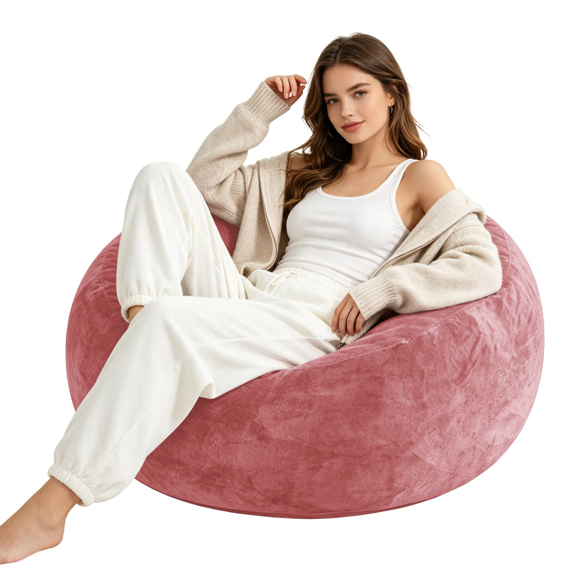 Anysun - 4FT Bean Bag Chair with Memory Foam Filling Soft Flannel Cover Round Sofa for Adults Teens Bedroom Living Room - Pink