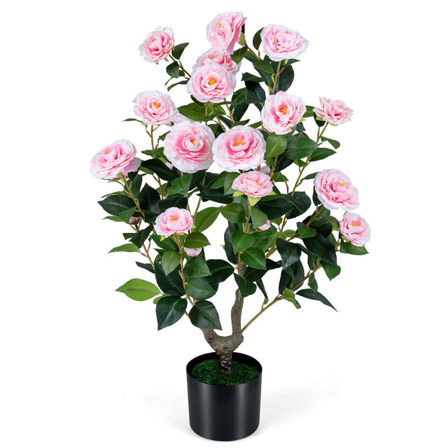 Front. Gymax - Gymax Artificial Camellia Tree Faux Flower Plant in Cement-Filled Pot Indoor Outdoor - Pink.