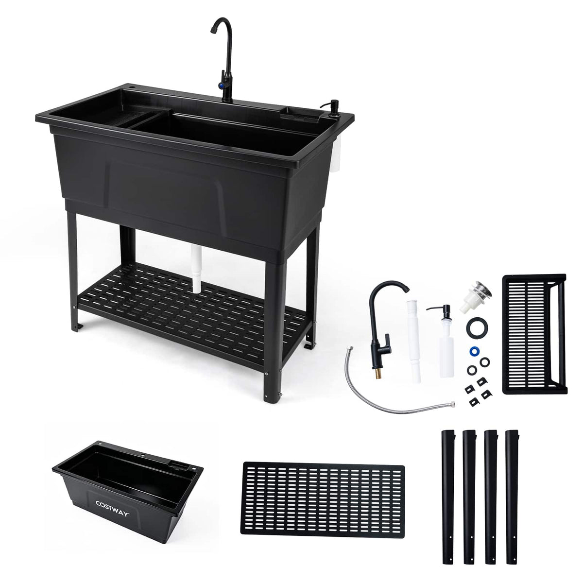 Costway - 26.42 gal Utility Sink, Laundry Tub with Rotating Faucet, Storage Shelf, Drip Tray - Black