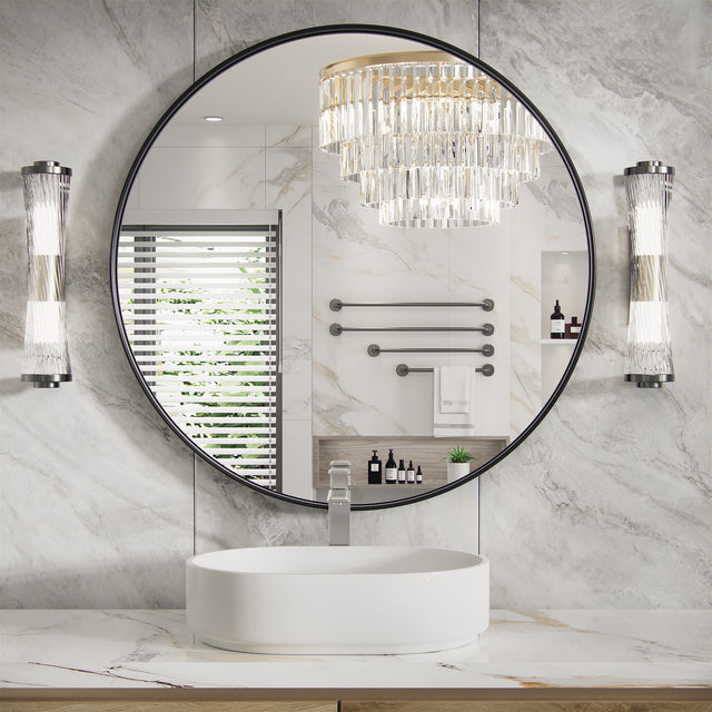 Front. PAIHOME - 24"x24" Medium Round Mirror Metal Framed Wall Mirrors Iron Bathroom Vanity Mirror Decorative Mirror - Black.