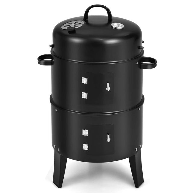 Angle. Costway - 3-in-1 Vertical Charcoal Smoker  Portable BBQ Smoker Grill with Detachable 2 Layer - Black.
