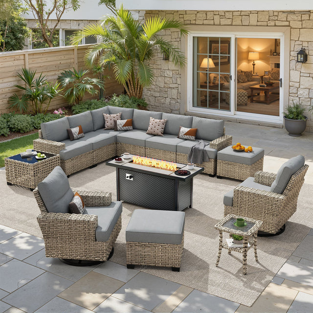 Front. Ovios - 13 PCS Patio Furniture Set with 54" Fire Pit Table Sectional Couch with Swivel Chair & Ottoman - Dark Gray.