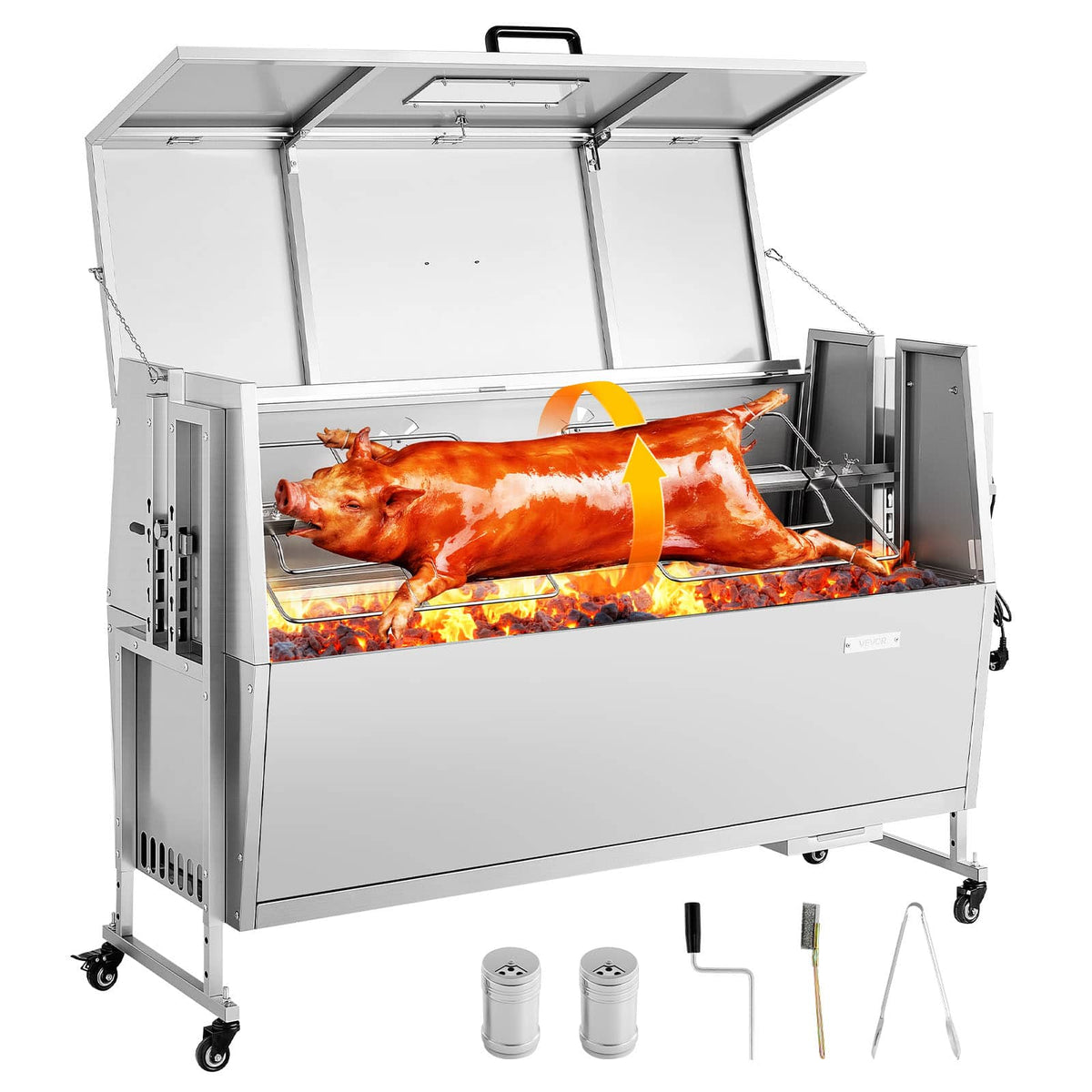 VEVOR - Rotisserie Grill, 38W BBQ Outdoor Pig & Lamb Spit Roaster, Charcoal Spit Roaster with 132 LBS Capacity - Stainless steel color