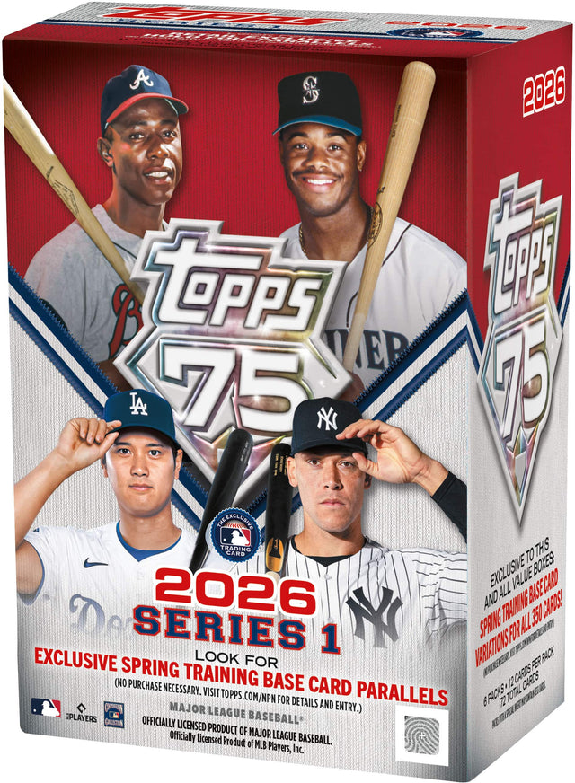 2026 SERIES 1  
EXCLUSIVE SPRING TRAINING BASE CARD PARALLELS  
LOOK FOR (NO PURCHASE NECESSARY. VISIT TOPPS.COM/NPN FOR DETAILS AND ENTRY.)  

EXCLUSIVE TO THIS BOXES: ALL VALUE CARD 2026 AND SPRING TRAINING BASE CARDS!  
VARIATIONS FOR ALL 350 CARDS!  

6 PACKS, 12 CARDS PER PACK  
72 TOTAL CARDS  

OFFICIALLY LICENSED PRODUCT OF MAJOR LEAGUE BASEBALL.  
Officially Licensed Product of MLB Players, Inc.