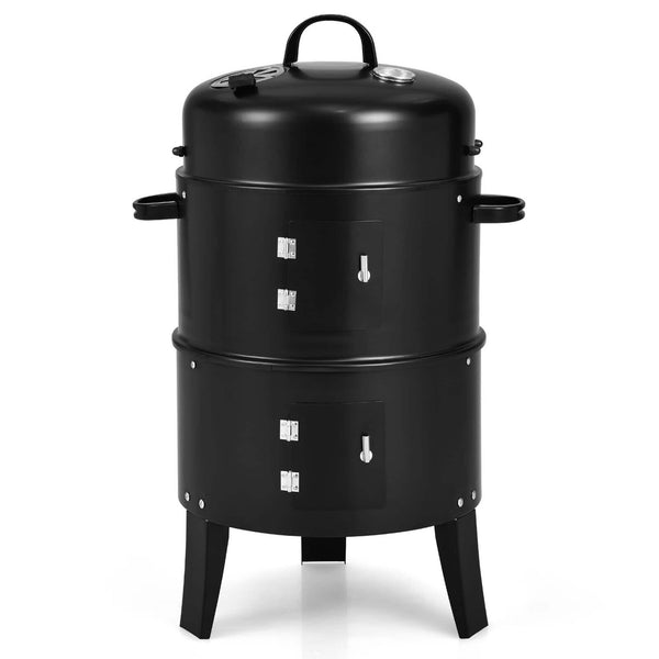 Gymax - 3 in 1 Vertical Charcoal BBQ Smoker Grill Separable w/ Built-in Thermometer - Black