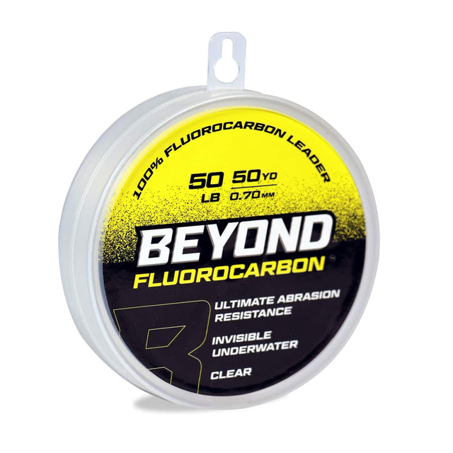 100% FLUOROCARBON LEADER  
50 LB  
50 YD  
0.70 MM  

BEYOND FLUOROCARBON  
ULTIMATE ABRASION RESISTANCE  
INVISIBLE UNDERWATER  
CLEAR