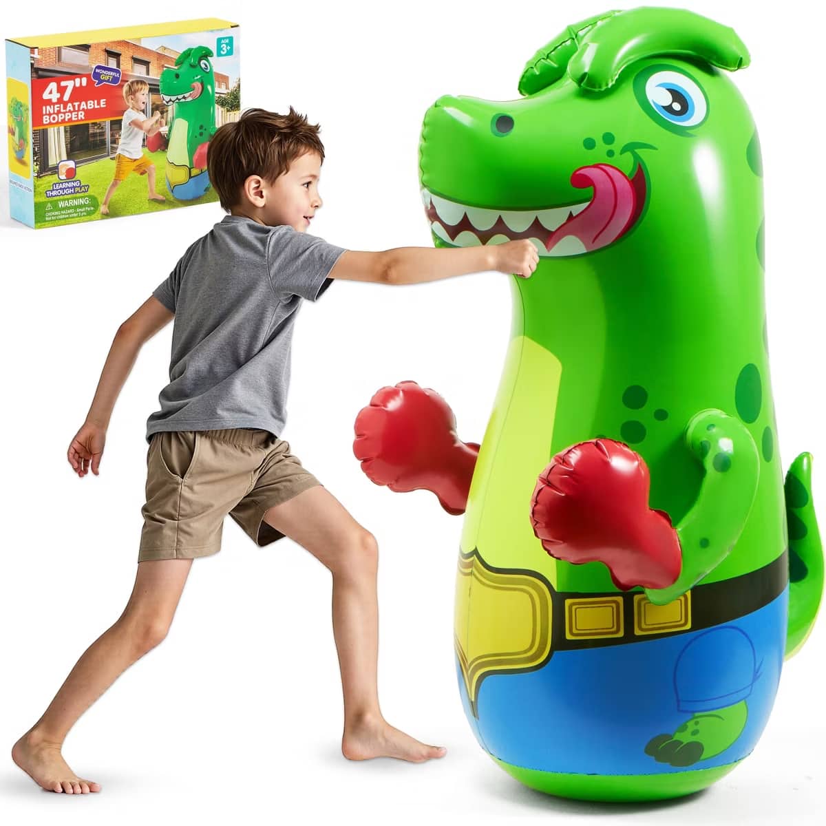 Joyfy - T-Rex Dinosaur Inflatable Punching Bag for Kids 47" Blow Up Bopper Bouncing-Back Indoor Outdoor Toys Xmas Birthday Gifts - Blue Green
