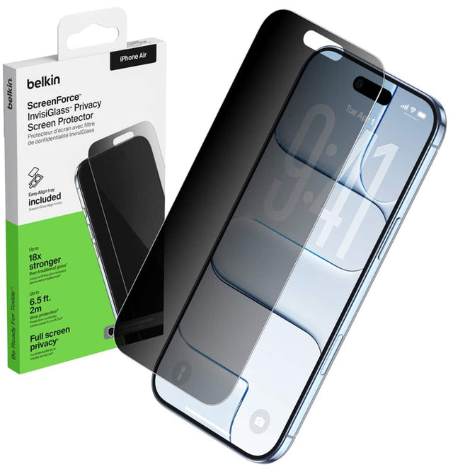 Belkin ScreenForce Privacy InvisiGlass Protector Screen avec filtre d'écran InvisiGlass Protecteur de confidentialité Align bay Eacy included Mgo Sapot Up to 18x stronger traditional glass' than - Ambra - Lp to today 6.5 ft. 2m protection dop - For iPhone Air I Tue all Ap 1 11