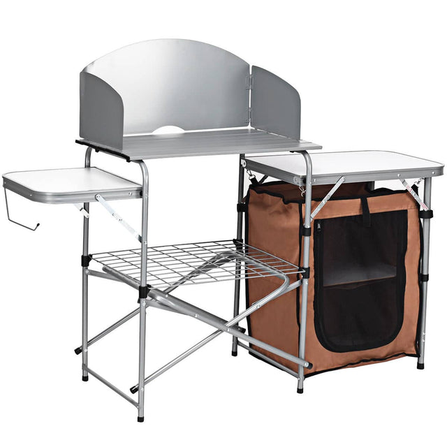 Front. Costway - Foldable Camping Table Outdoor BBQ Portable Grilling Stand w/Windscreen Bag - Silver.