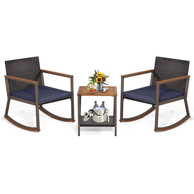 Front. Costway - 3 PCS Patio Rattan Rocking Chair Bistro Set Armrest Cushion Table with Storage Shelf - Navy.