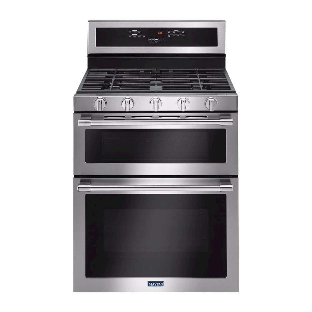 Maytag - 30 in. Wide 5 burners 6.0 cu. ft. Self-Cleaning Freestanding Fingerprint Resistant Double Oven Gas Convection Range - Stainless Steel
