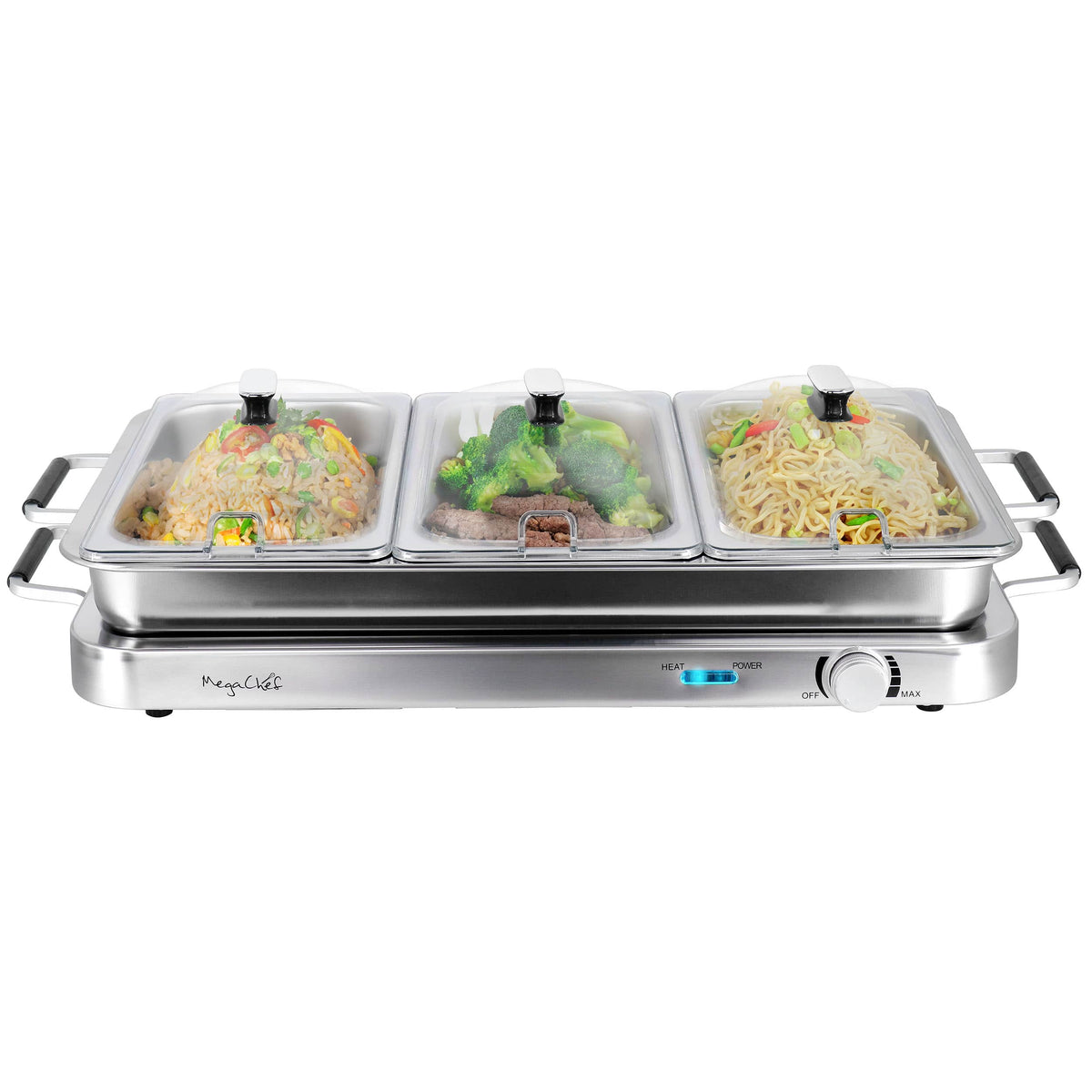 MegaChef - 3-in-1 Electric Chaffing Buffet Server and Warming Tray with Triple 2.63 Quart Trays and 8.6 Quart Baking Pan - Silver