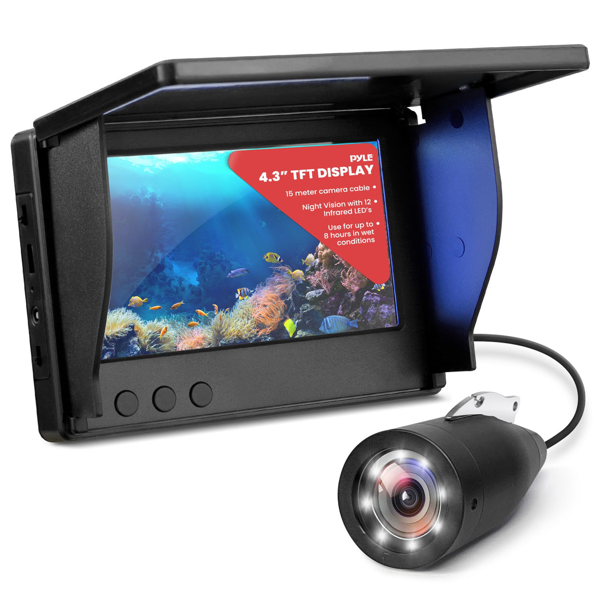 Pyle - 4.3” Portable Underwater Fishing Camera with TFT LCD Monitor, 1000TVL IP68 Waterproof Camera, 12 Infrared Lights