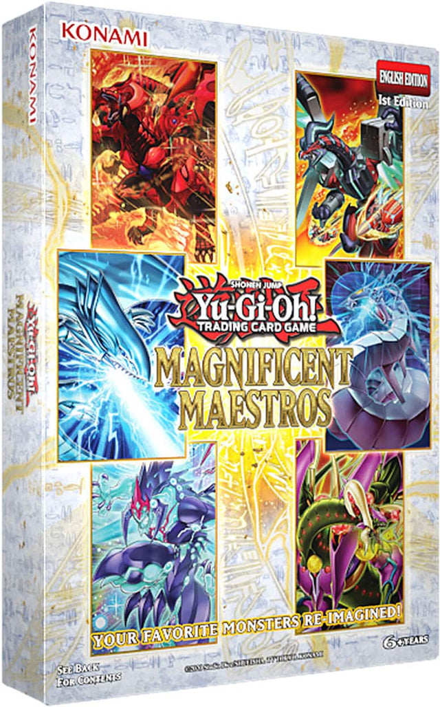 KONAMI KONAMI 1st Edition ENGLISH EDITION  
Yu-Gi-Oh! TRADING CARD GAME  
MAGNIFICENT MAESTROS  
YOUR FAVORITE MONSTERS RE-IMAGINED!  
SEE BACK FOR CONTENTS