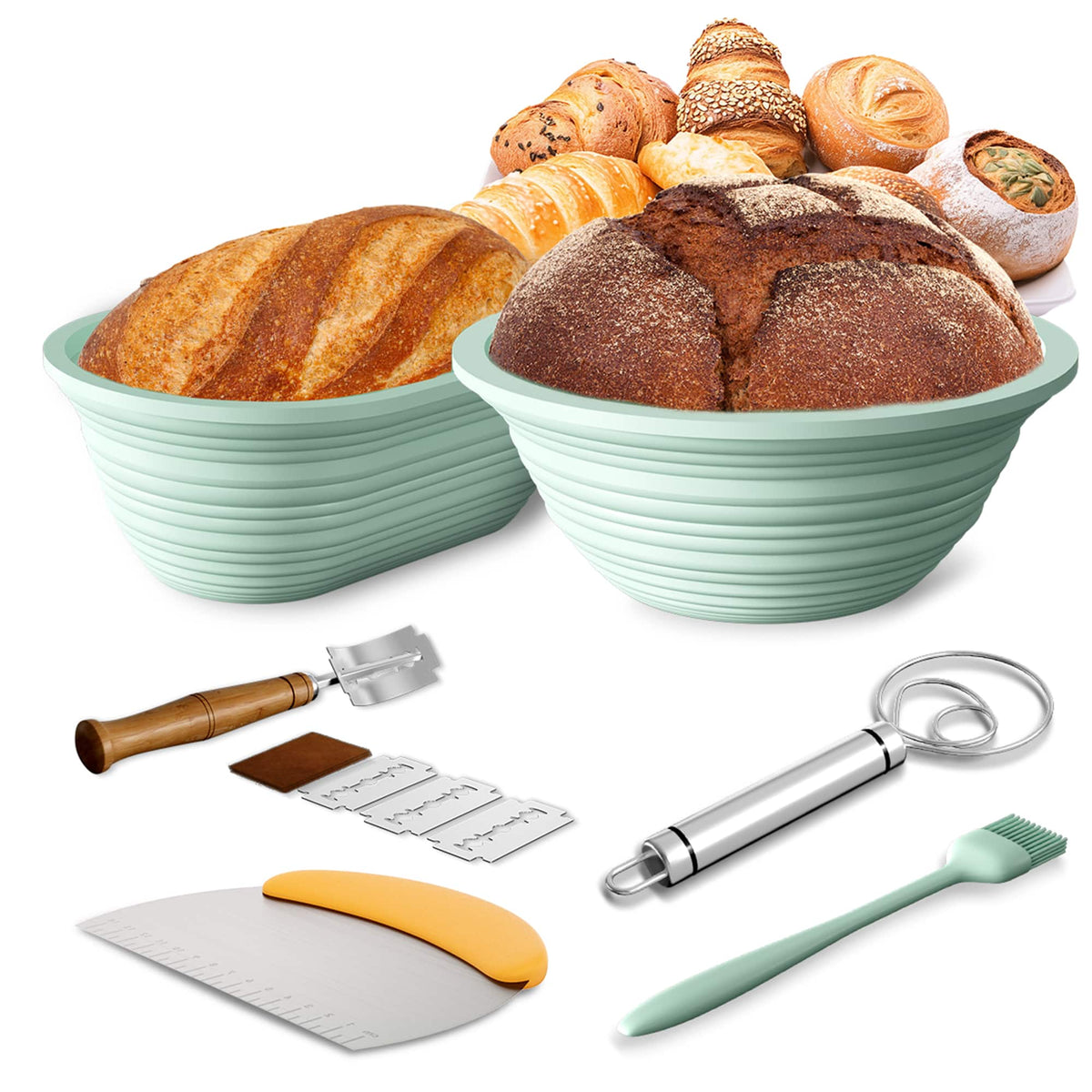 PAIHOME - Silicone Proofing Basket Set for Sourdough Bread Baking - Food-Grade, Foldable, Dishwasher Safe, Heat Resistant to 450℉ - Green