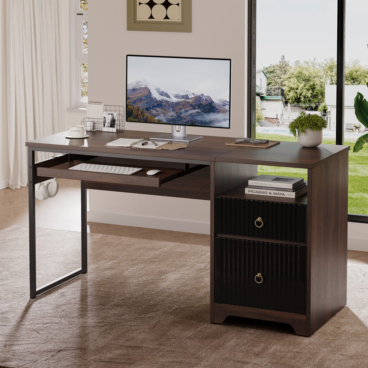 Bestier - 55inch Executive Computer desk with Keyboard Tray Modern Storage File Drawer Fluted Panel 2 Hooks - Walnut