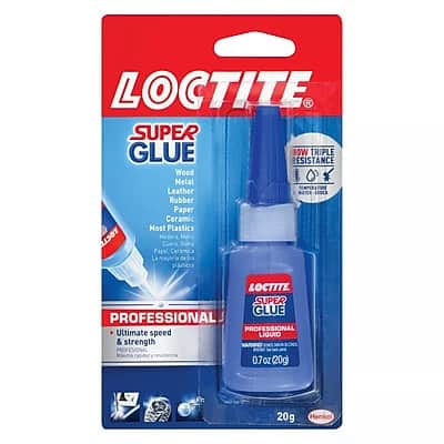 LOCTITE SUPER GLUE PROFESSIONAL  
Ultimate speed & strength  
0.7 oz (20g)  

Triple Resistance  
Wood Metal Leather Rubber Paper Ceramic Most Plastics  

Professional  
LIQUID  

Henkel