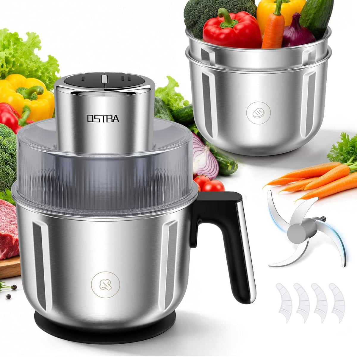 OSTBA - Food Processor with 3 Bowls, 350W Meat Grinder & Vegetable Chopper - Silver