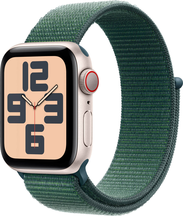 Angle. Apple - Apple Watch SE 2nd Generation (GPS+Cellular) 40mm Aluminum Case with Lake Green Sport Loop - Starlight.