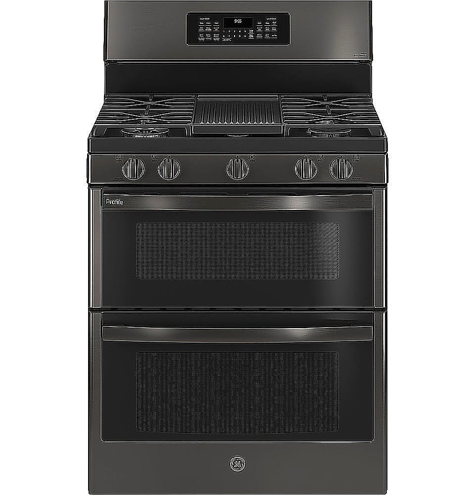 GE Profile - 30 in. Wide 5 Burners 6.8 Cu. Ft. Frestanding Double Oven Gas True Convection Range with No-Preheat Air Fry - Black Stainless Steel