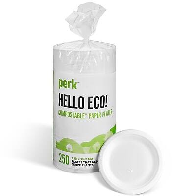 perk  
HELLO ECO!  
COMPOSTABLE* PAPER PLATES  

250  
6 IN / 15.2 CM  
PLATES THAT ALSO SERVE PLANTS