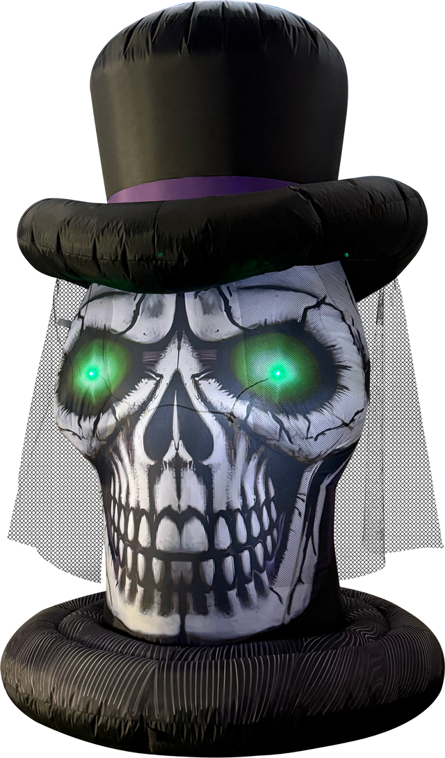 Front. GOOSH Inflatables - GOOSH 6FT Inflatable Skull with Top Hat – Light-Up Halloween Yard Decoration - Black.