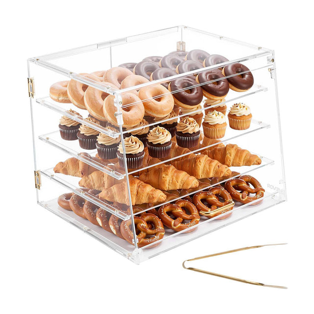 Front. VEVOR - Bakery Display Case, 4-Tier Commercial Countertop Pastry Display Case, Clear Acrylic Bread Box for Kitchen - Gold.
