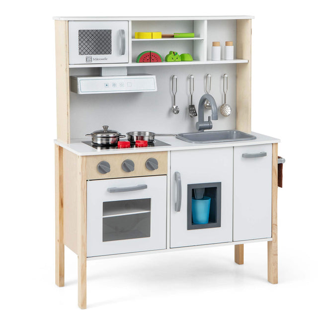 Front. Costway - Costway Kids Kitchen Playset Wooden Pretend Play Chef Toy w/ Microwave & Accessories - White.