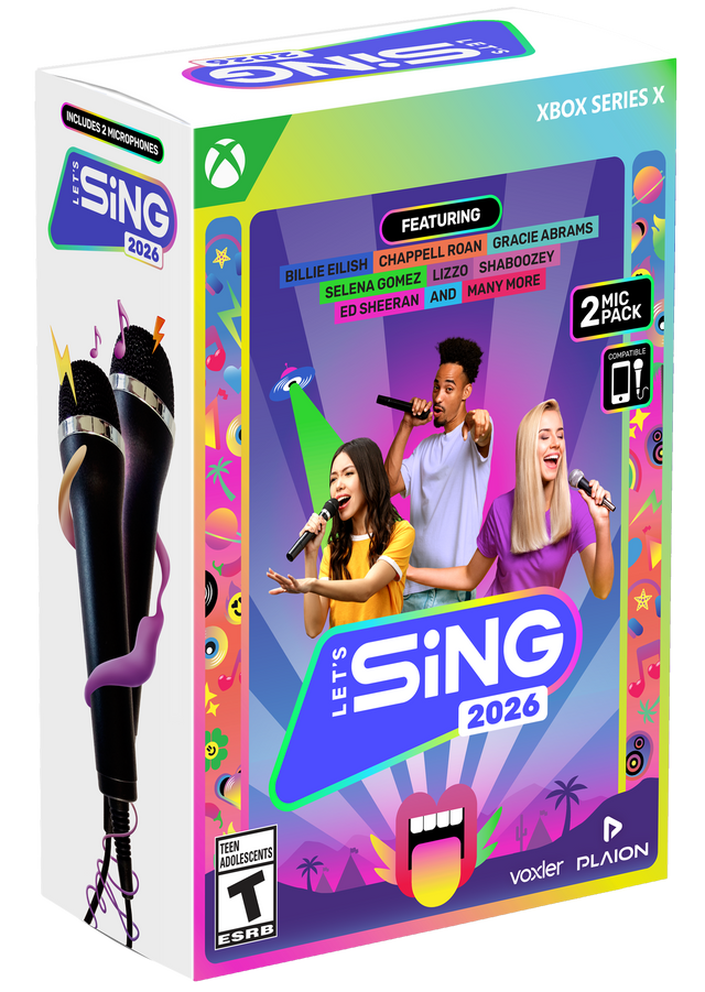 Let's Sing 2026 for Xbox Series X includes 2 microphones. Featuring Billie Eilish, Selena Gomez, Ed Sheeran, Gracie Abrams, Chappell Roan, Lizzo, Shabooze, and many more. 2 pack compatible. ESRB Teen.