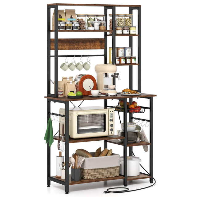 Front. Gymax - Gymax Bakers Rack w/ Power Outlet 6-Tier Microwave Stand w/ Wooden Open Shelves - Brown.