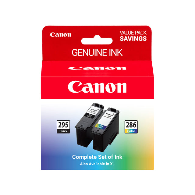 Canon VALUE PACK SAVINGS GENUINE INK  
Canon 295 Black CVNN  
Canon 286 Color  
Complete Set of Ink  
Also Available in XL