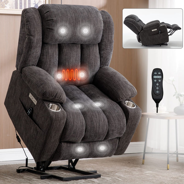 Anysun - 350 lbs Chenille Power Lift Recliner, Heavy Duty, 8-Point Massage, Lumbar Heat, USB/Type-C, Cup Holders - Gray