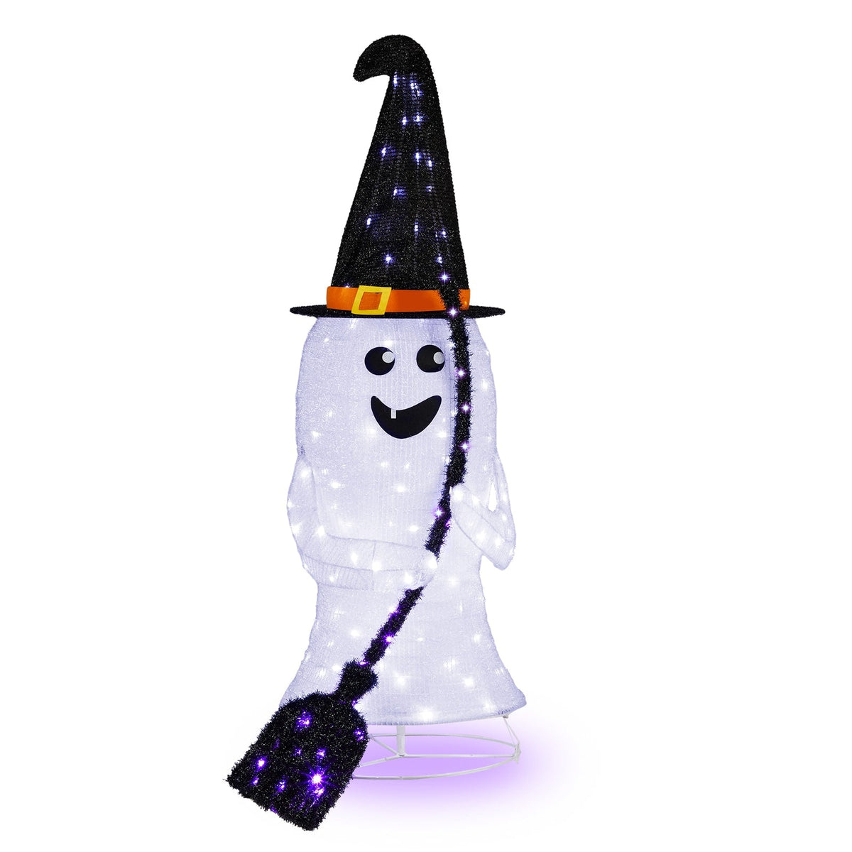Sunoyar - 4FT White Telescoping Ghost Broom Halloween Decoration with 100 White + 35 UV LEDs, 4.5V 3.6W US Plug - Whtie
