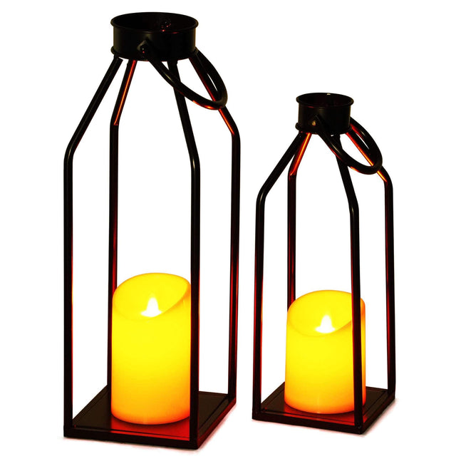 Front. G128 - 2-Pack Flameless Candle Lanterns with Built-In LED, Metal Frame Indoor/Outdoor Decorative Lanterns - Black.